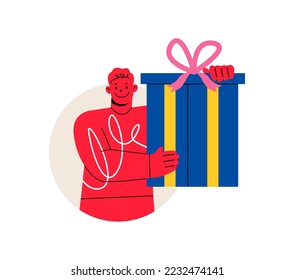 Man holding gift box in hands. Colorful vector illustration