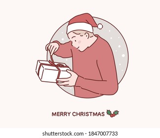 A man holding a gift box, a happy man wearing, christmas hat. Hand drawn style vector design illustrations.