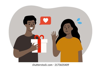 Man holding gift box for holiday celebration, birthday, anniversary. Woman rejects the gift box. Couple dating, negative relationship problem concept. Flat people character vector  illustration.