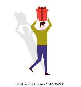 Man holding a gift box over his head. Vector illustration