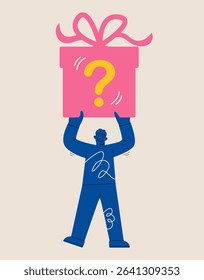 Man holding gift box with a question mark. Colorful vector illustration
