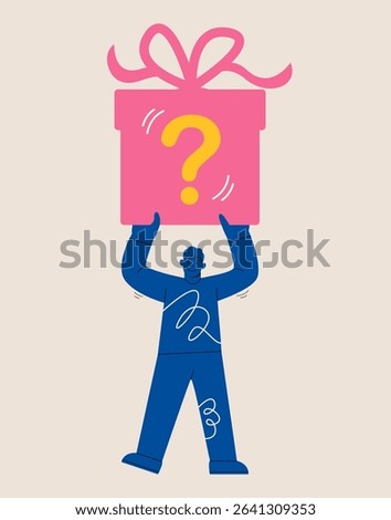 Man holding gift box with a question mark. Colorful vector illustration
