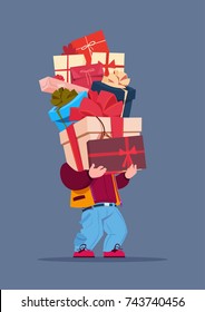 Man Holding Gift Boxes Stack On Gray Background Holiday Presents Concept Vector Illustration