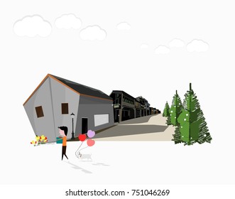 Man holding the gift and dog holding heart balloons on the way to home after bought the gift in the city for someone with illustration vector for New years and Valentines

