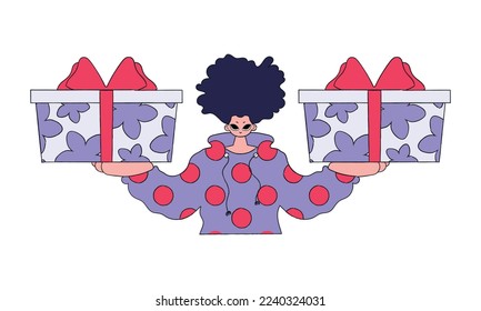 The man is holding gifts. The concept of the holiday and gifts. Bright character in the style of the 90s.
