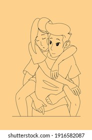 Man Holding Girl Piggyback. Boyfriend And Girlfriend Couple Funny Happy. Couple Spending Time Together. Romantic Time. Line Art Sketch. Vector Illustration.