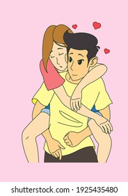 Man Holding Girl Piggyback. Boyfriend And Girlfriend Couple Funny Happy. Couple Spending Time Together. Romantic Time. Vector Illustration. On pink background.