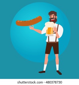 Man holding glass of beer and sausage. Oktoberfest beer Festival Banner. Cartoon Vector Illustration.