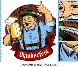 Man holding glass of beer in traditional german bavarian clothes Trachtenhut, Lederhosen on beer festival Oktoberfest. The thumbs-up gesture. Vector ink hand drawing vintage character for color print.