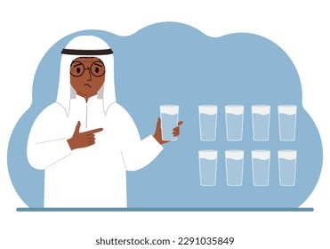 The man is holding a glass of water. Water balance infographic. 8 glasses of water every day. Healthy lifestyle. Vector flat illustration.