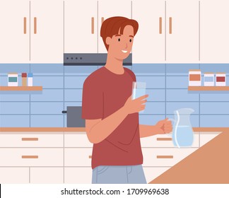 Man Holding A Glass Of Water And A Pitcher To Drink Water In The Kitchen. Vector Illustration In A Flat Style