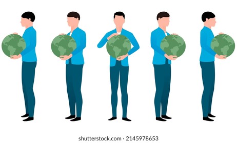 Hombre sosteniendo el globo en mano, vector de caracteres extraído de múltiples ángulos.