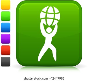man holding globe icon on square internet button  Six color options included.