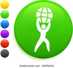 man holding globe icon on round internet button original vector illustration 6 color versions included