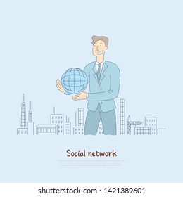 Man holding globe in middle of city, modern world in persons hands, digital communication generation representation banner