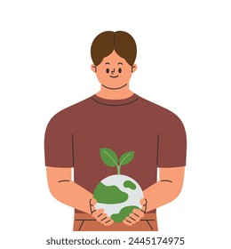 Man holding a globe with plants. Save the world. Earth day. Environmental sustainability. Flat cartoon style vector illustration isolated on white background