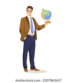 Hombre sosteniendo un globo, usando un blazer marrón y pantalones azules. Ilustración vectorial