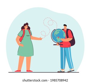 Hombre sosteniendo el globo y mujer mostrando un destino puntual. Amigos planificando el viaje ilustrando el vector plano. Viajes, turismo, concepto de viajeros para banner, diseño de sitios web o página web de aterrizaje.