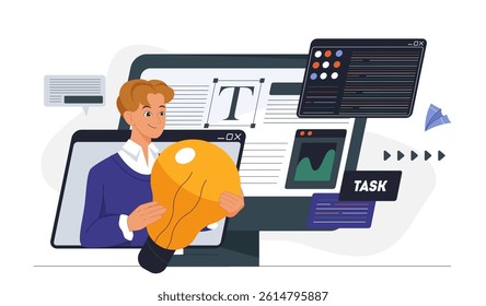 A man holding a glowing light bulb stands in front of large digital screens showing text, charts, and task windows on a white background. Concept of innovation. Vector illustration