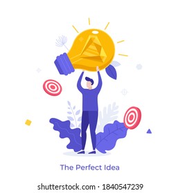 Man holding glowing lightbulb with diamond inside. Concept of perfect or brilliant idea, insight, technological breakthrough, creative thinking, goal achievement. Modern flat vector illustration.