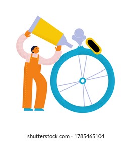 Man holding glue tube in his hands. Bicycle punctured wheel. Bike service. Textured flat vector illustration