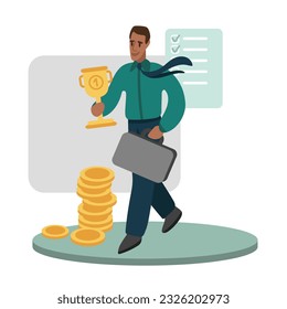 Man holding goblet and briefcase, completed all tasks. Employee increasing capital and profits at work. Concept of financial freedom. Vector flat illustration in green and yellow colors