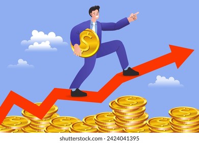 A man holding a gold coin walks on a rising graph. Step by step on the ladder to success. man with money. Passive income and stock market investing. Finance Experts. Data analysis. Vector illustration