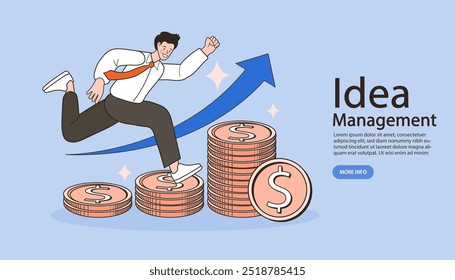 A man holding a gold coin walks on a rising graph. Step by step on the ladder to success. man with money. Passive income and stock market investing. Finance Experts. Data analysis. Vector illustration