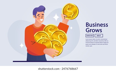 Man holding gold coins. Investment advisor. Earning money, increasing capital, the pursuit of money, capital gains, cash gains. Business and finance concept. vector people character illustration.