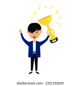 Man holding gold cup. Success or victory concept. Flat vector illustration isolated on white background. 