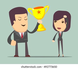 a man holding up a gold trophy cup as a winner in business. Stock vector illustration