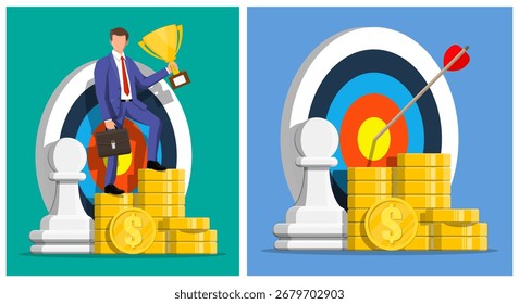 Man holding gold trophy, standing on coin stacks with target board. Achieving business goal and financial success concept illustration.