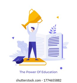 Man holding golden champion cup, book and graduation cap. Concept of power of education, successful college student, academic competition winner. Modern flat colorful vector illustration for banner.