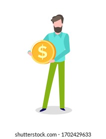 Man holding golden coin with dollar sign isolated. Vector male with money investment symbol. Bearded person and cash, business finance concept