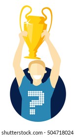 Man holding golden cup, vector flat design, who will win championship concept