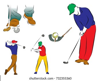 the man is holding a golf club. Icons for playing golf