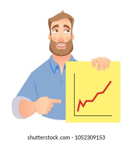 Man holding graph. Vector . Successful Businessman points to graph