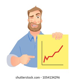 Man holding graph. Vector . Successful Businessman points to graph