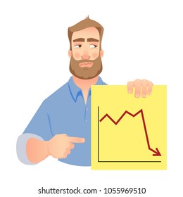 Man holding graph. Vector . Unhappy Businessman points to graph