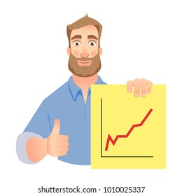 Man holding graphsvector illustration. Successful businessman shows a graph