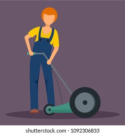 Man holding grass cutter icon. Flat illustration of man holding grass cutter vector icon for web design