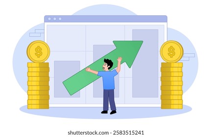 Man holding green arrow in the front of graph or diagram near coin. Vector illustration for web banner, print, infographics, mobile website. Landing page template. Dating app and virtual relationship.