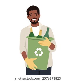 Man holding a green recycling bin filled with glass bottles, sustainable living. Flat vector illustration isolated on white background