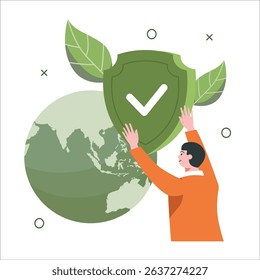 A man is holding a green shield with a check mark in front of an earth globe, representing environmental protection and sustainability for use in awareness campaigns.