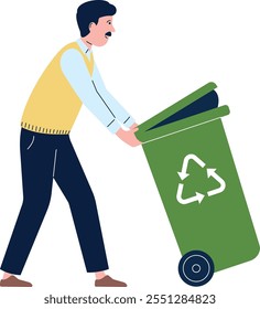 A man is holding a green trash can and pushing it