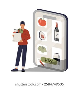 Man Holding Grocery Bag Next To Online Shopping App In Flat Vector Illustration Symbolizing E Commerce, Food Delivery, And Digital Retail, Isolated On White Background