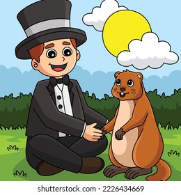 Man Holding Groundhog Colored Cartoon Illustration