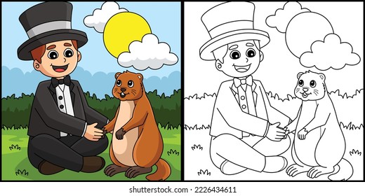 Man Holding Groundhog Coloring Page Illustration