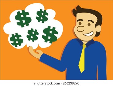 man holding a group of dollar signs