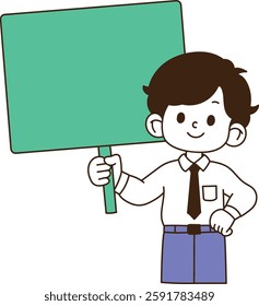 A man holding a guiding panel and smiling. minimal line art vector illustration.